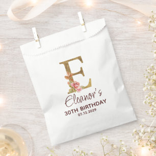 Letter E Gold Monogram Blush Pink Roses Favour Bag