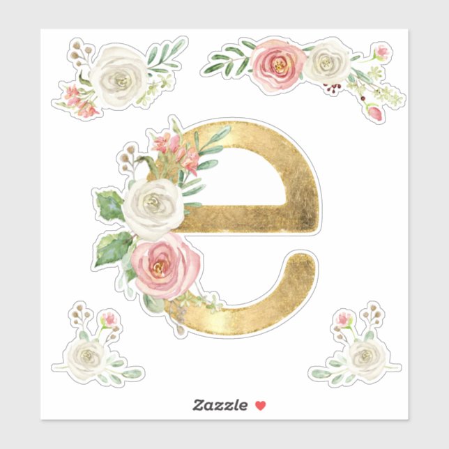 Letter E Initial Gold Blush Rose Floral Watercolor (Sheet)