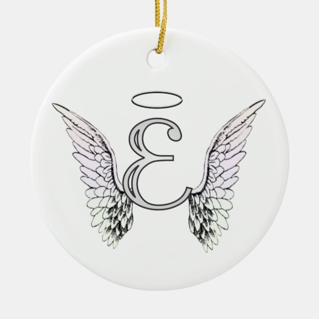 Letter E Initial Monogram with Angel Wings & Halo Ceramic Ornament (Front)