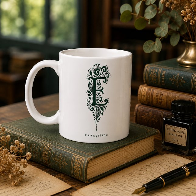 Letter E Linocut Botanical Personalized Mug (Creator Uploaded)