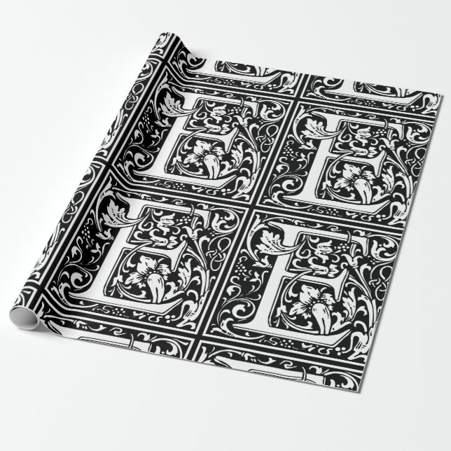 Letter E Medieval Monogram Art Nouveau Wrapping Paper (Unrolled)