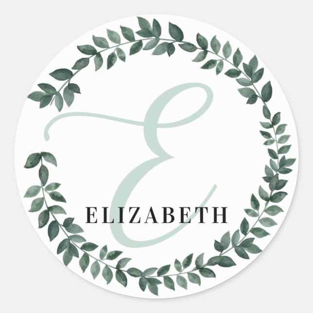 Letter E Monogram Custom Name Minimalist Botanical Classic Round Sticker (Front)