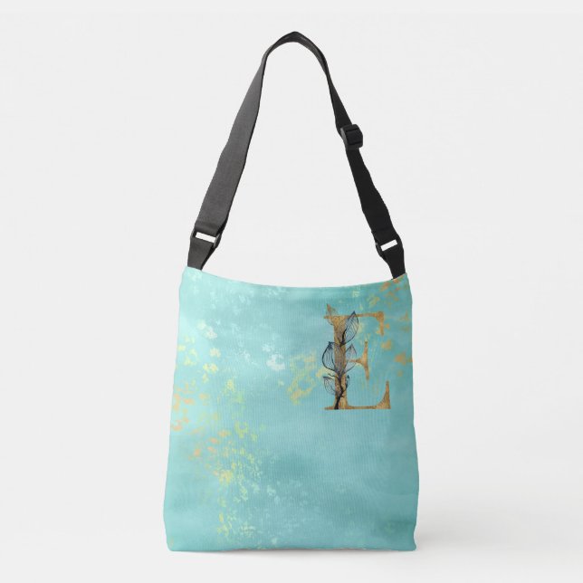 *~* LETTER E - Monogram  Gold Glitter Turquoise Crossbody Bag (Front)