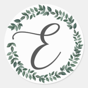 Letter E Monogram Minimalist Botanical Leaf Wreath Classic Round Sticker