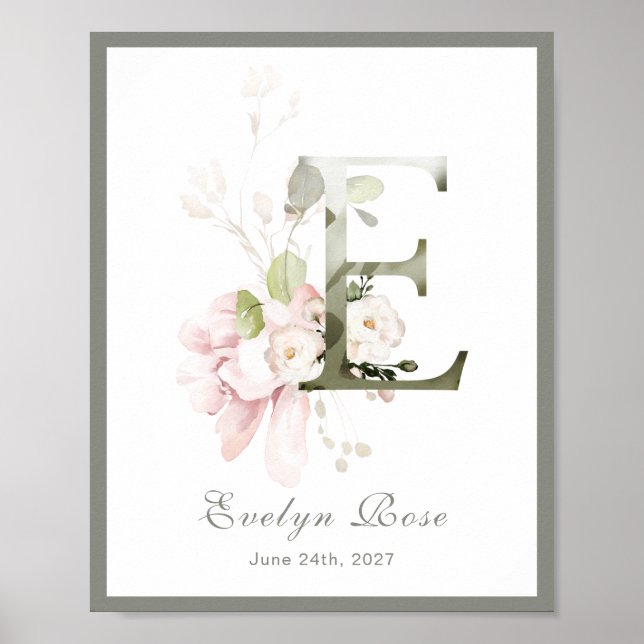 Letter E Monogram Pink Rose Foliage Nursery Poster (Front)