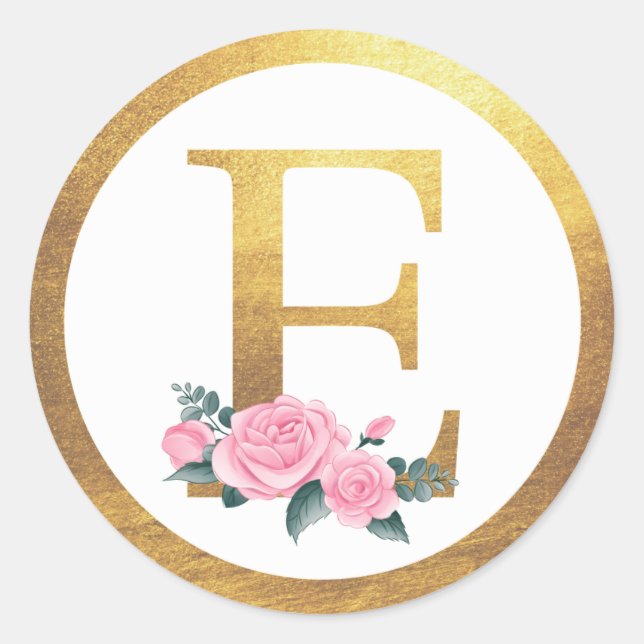 Letter E Monogram Pink Roses Floral & Elegant Gold Classic Round Sticker (Front)