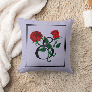 Letter E Monogram with Red Roses Purple Throw Pillow