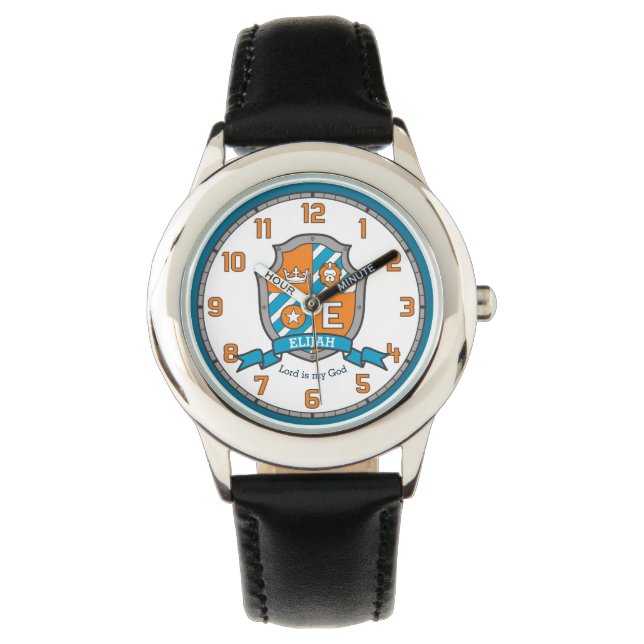 letter E name Elijah crest lion orange kids Watch (Front)