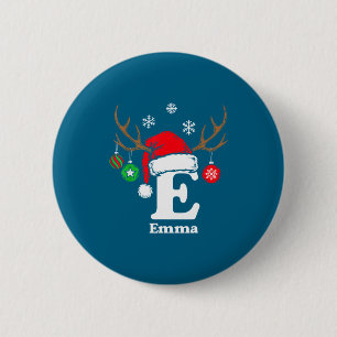 Letter E Name Initial Emma With Santa Hat Reindeer 2 Inch Round Button