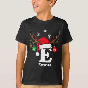 Letter E Name Initial Emma With Santa Hat Reindeer T-Shirt
