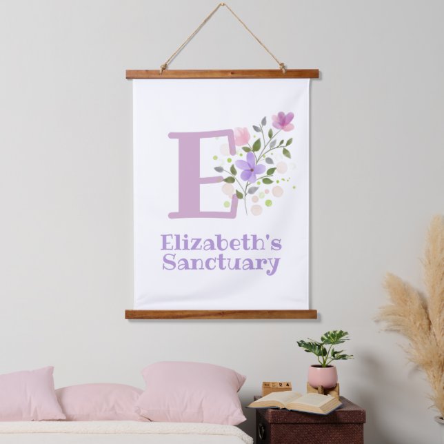 Letter E plus First Name with a Floral Design Hanging Tapestry (Bedroom)