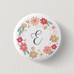Letter E   Whimsical Floral Letter Monogram 1 Inch Round Button