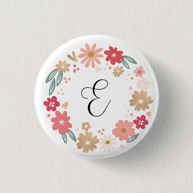 Letter E | Whimsical Floral Letter Monogram 1 Inch Round Button (Front)