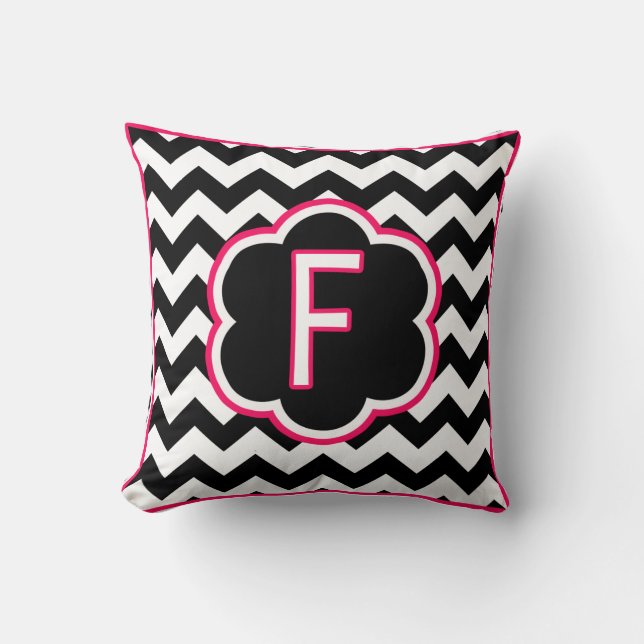 Letter F Black and White Chevron Monogram Throw Pillow (Front)