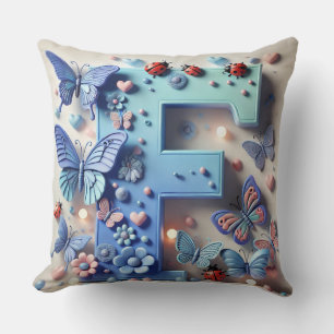 🦋 Letter F Butterfly Ladybug Monogram  🌸 Throw Pillow