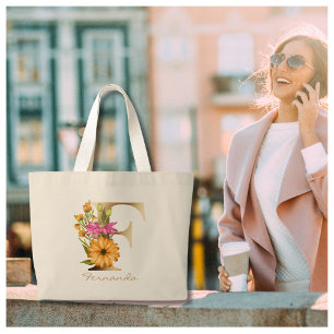 Letter F Elegant Floral Gold Monogram Large Tote Bag