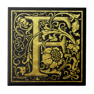 Letter F First Letter Faux Gold Black Tile