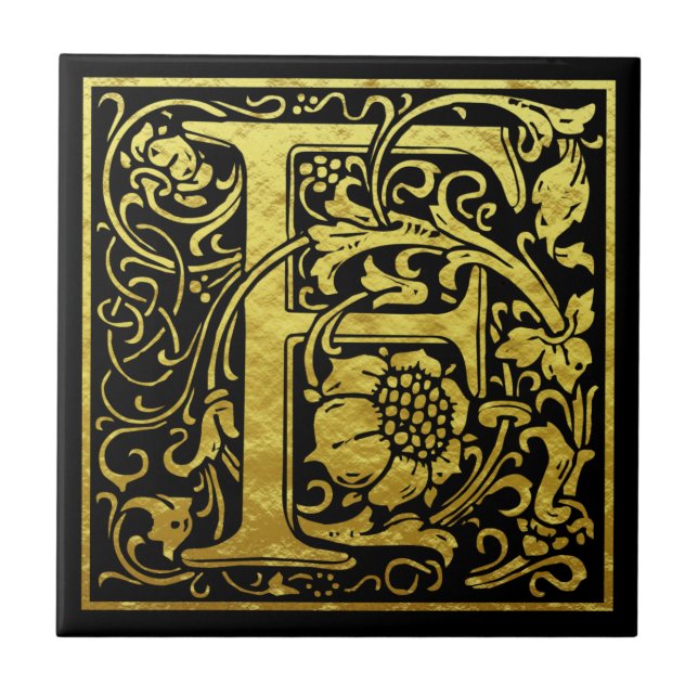 Letter F First Letter Faux Gold Black Tile (Front)