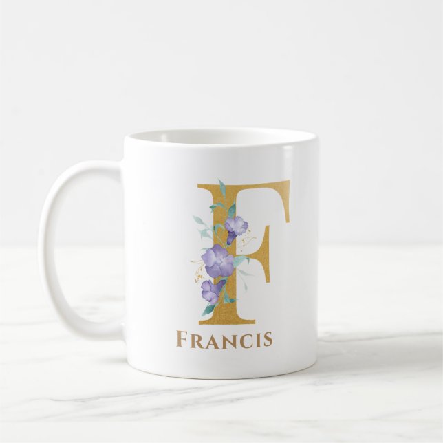 Letter F - Gold Floral Name sister coworker friend Coffee Mug (Left)