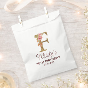 Letter F Gold Monogram Blush Pink Roses Favour Bag