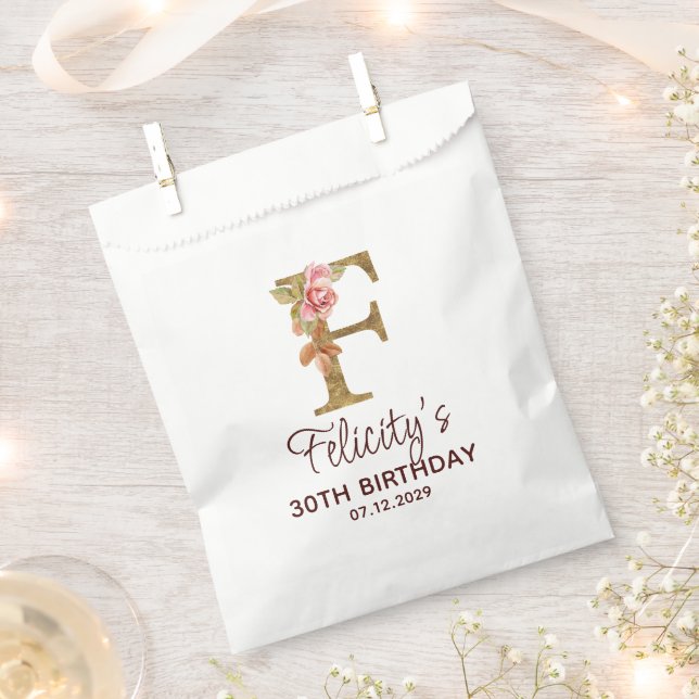 Letter F Gold Monogram Blush Pink Roses Favour Bag (Clipped)