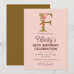 Letter F Gold Monogram Blush Pink Roses Invitation