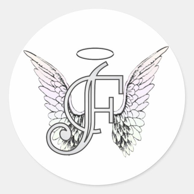Letter F Initial Monogram with Angel Wings & Halo Classic Round Sticker (Front)
