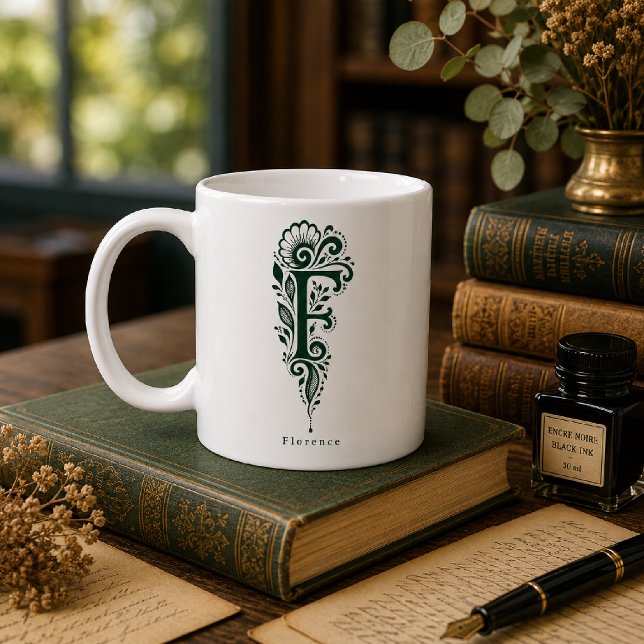 Letter F Linocut Botanical Personalized Mug (Creator Uploaded)