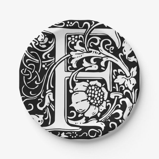 Letter F Medieval Monogram Art Nouveau Paper Plate (Front)