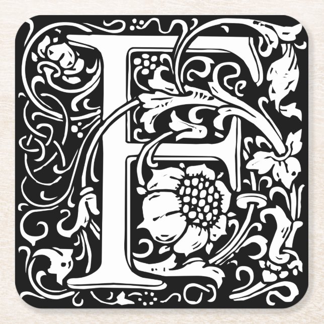 Letter F Medieval Monogram Art Nouveau Square Paper Coaster (Front)