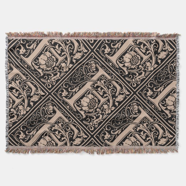 Letter F Medieval Monogram Art Nouveau Throw Blanket (Front)