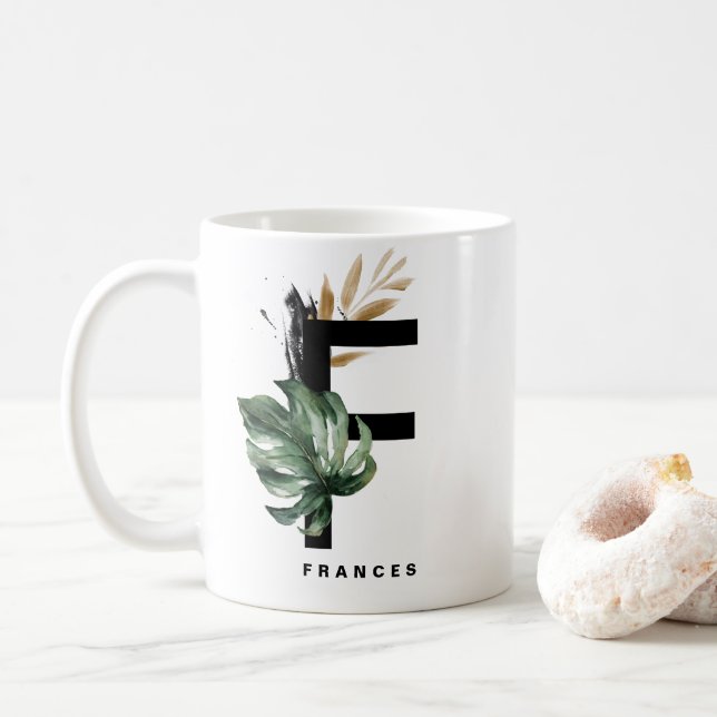 Letter F Monogram | Tropical Monstera Personalized Coffee Mug (With Donut)