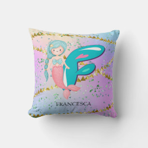 Letter F Monogram Watercolor Cute Mermaid Nursery Throw Pillow
