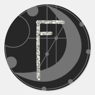Letter F Rune Runic Monogram Geometric Moon Black Classic Round Sticker