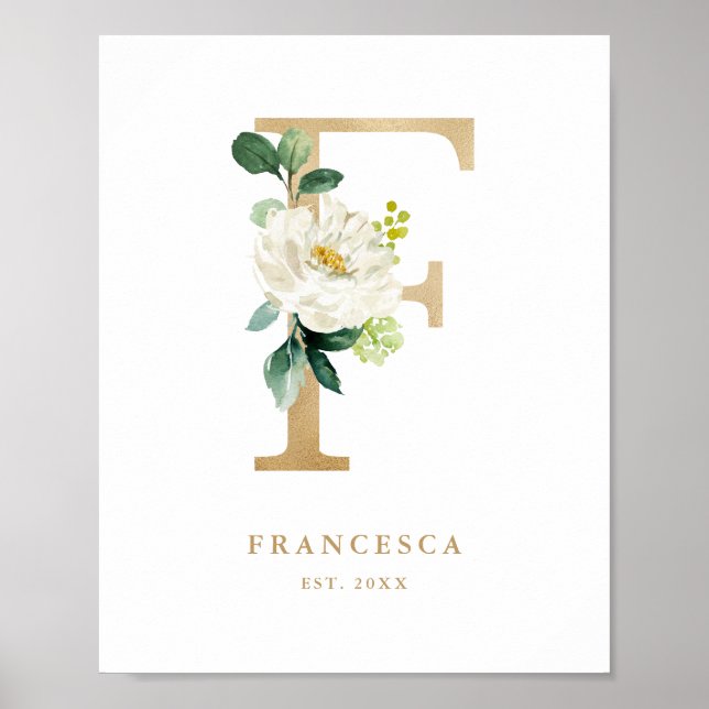 Letter F White Floral Monogram Gold Foil Nursery Poster (Front)