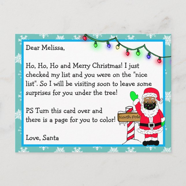 Letter from Santa for Kids + Colouring Page on Bac Postcard (Front)