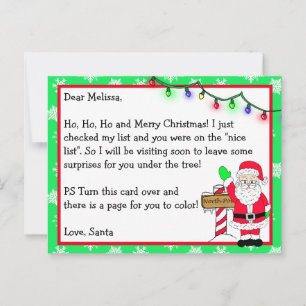 Letter from Santa for Kids + Colouring Page on Bac Postcard