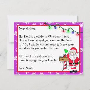 Letter from Santa for Kids + Colouring Page on Bac Postcard
