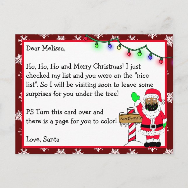 Letter from Santa for Kids + Colouring Page on Bac Postcard (Front)