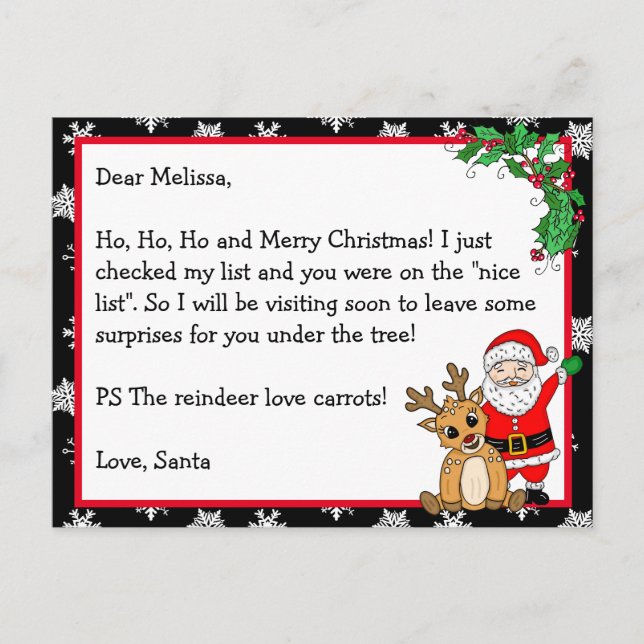 Letter from Santa, Nice List, for Kids Postcard (Front)