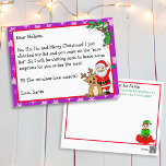 Letter from Santa, Nice List, for Kids Postcard<br><div class="desc">Send your child a personalized Letter from Santa! This postcard has a cute cartoon Santa Claus and Reindeer on the front and an adorable elf on the back. Details are red and green, You can personalize the name, message and text on the back too! Let your child write out their...</div>