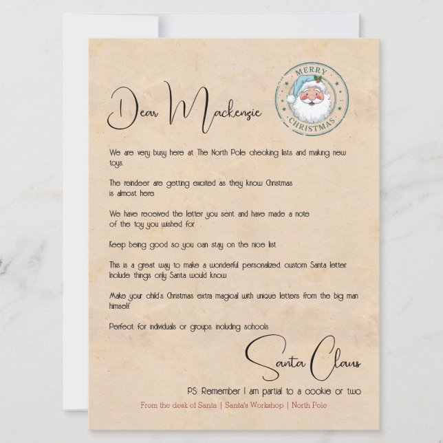 Letter From the Desk of Santa Personalized Holiday Card (Front)