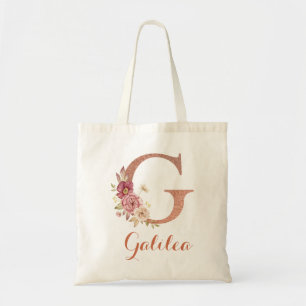Letter G Blush pink Glitter Floral Monogram Tote Bag