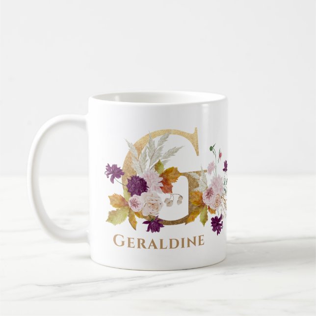 Letter G - Gold Floral Name sister coworker friend Coffee Mug (Left)