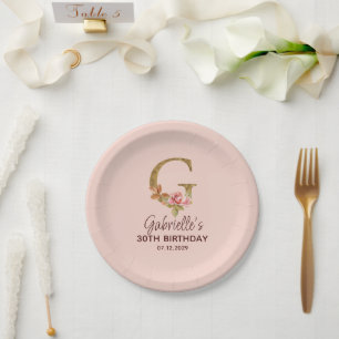 Letter G Gold Monogram Blush Pink Roses Paper Plate