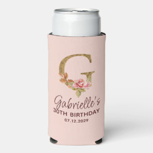Letter G Gold Monogram Blush Pink Roses Seltzer Can Cooler