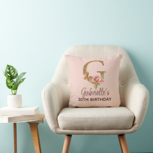Letter G Gold Monogram Blush Pink Roses Throw Pillow