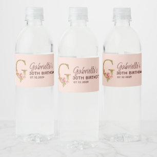 Letter G Gold Monogram Blush Pink Roses Water Bottle Label