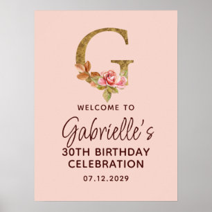 Letter G Gold Monogram Blush Pink Roses Welcome Poster