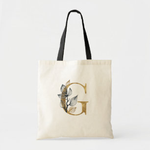 *~* Letter G Gold Monogram Initial Black Leaves Tote Bag
